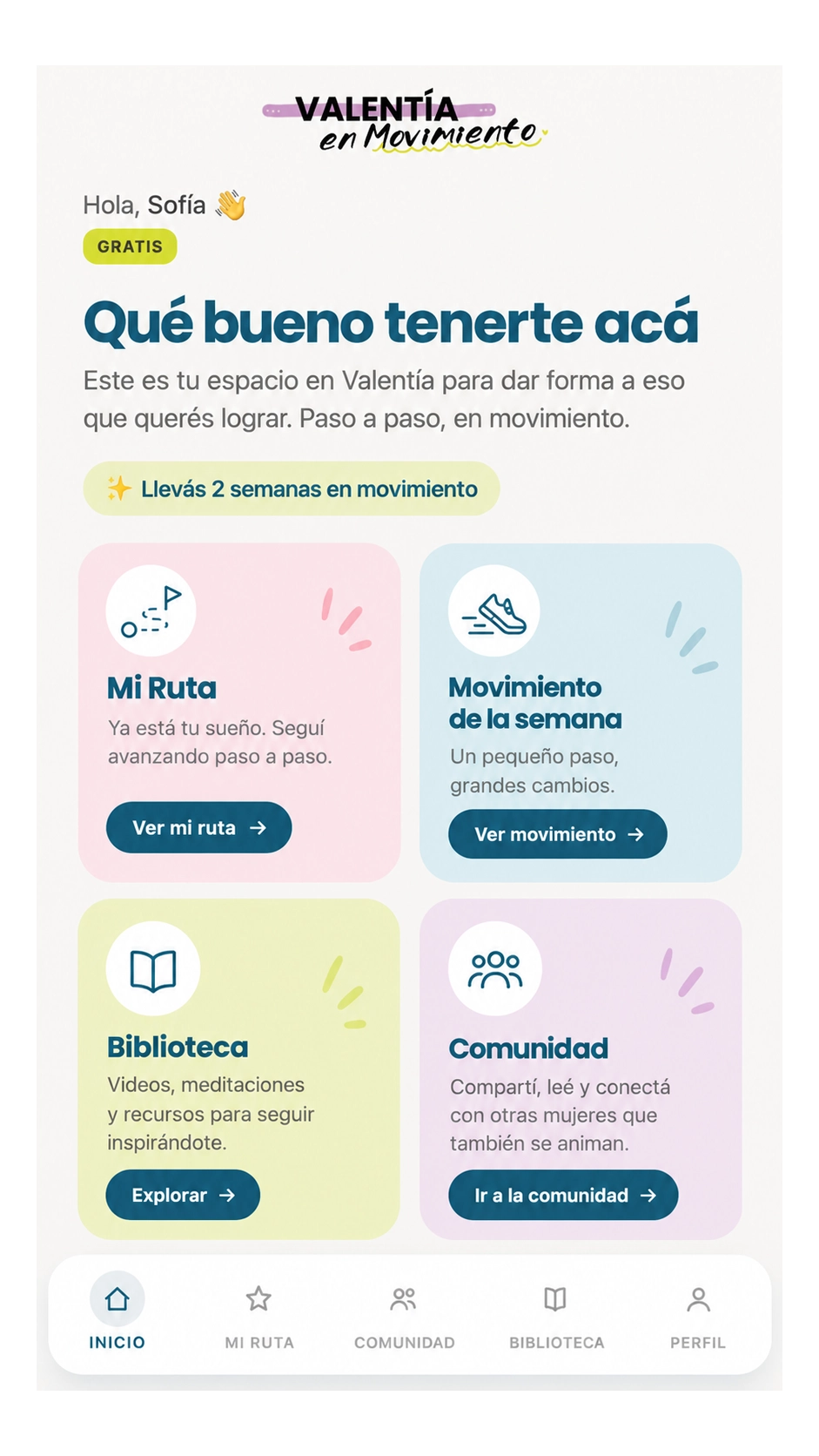 Inicio de tu espacio en Valentía en Movimiento, con el sueño activo y el próximo movimiento