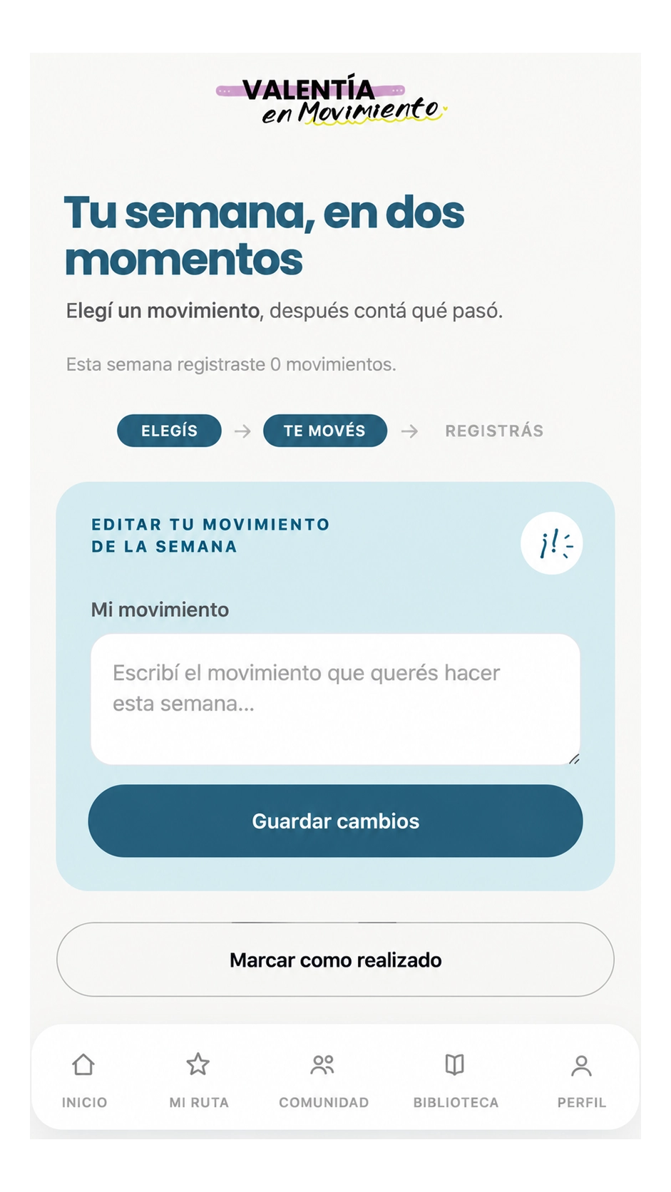 Pantalla para elegir el movimiento de la semana